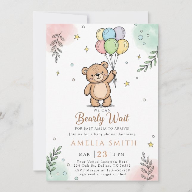 Whimsical Pink Yellow Teddy bear baby shower Inbjudningar (Framsida)