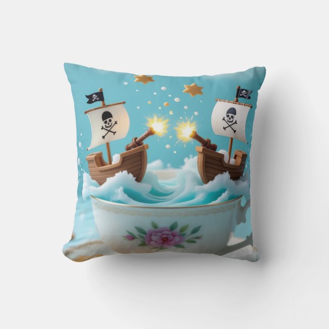 Whimsical Pirate Ships in Teacup Cushion – Cute Fa Kudde (Framsida)