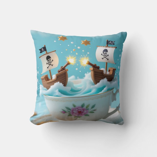 Whimsical Pirate Ships in Teacup Cushion – Cute Fa Kudde (Framsida)