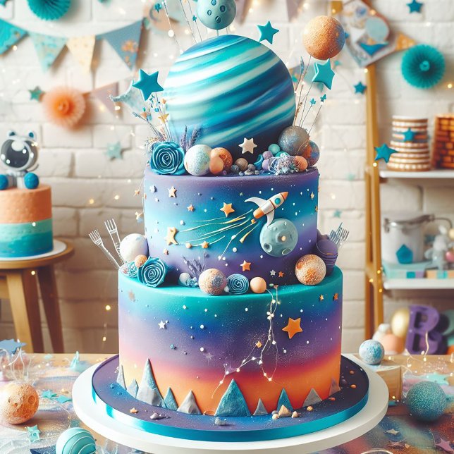 WHIMSICAL PLANET THEME BARNS FÖDELSEDAG CAKE KORT (Skapare uppladdad)
