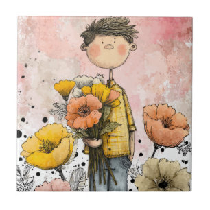 Whimsical pojke Vattenfärg med blomsteraccent (1) Kakelplatta