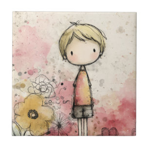 Whimsical pojke Vattenfärg med blomsteraccent (2) Kakelplatta