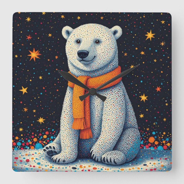 Whimsical Polar Bear In Orange Scarf Fyrkantig Klocka (Framsida)