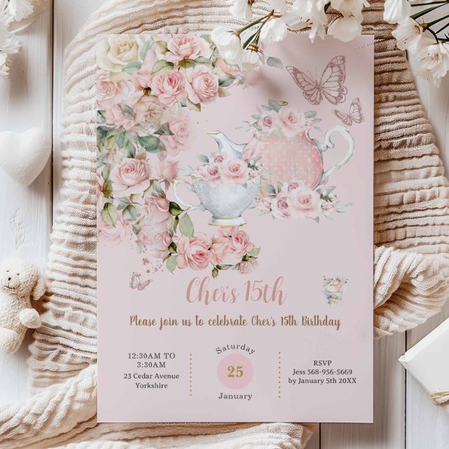 Whimsical Princess Fairytale Castle Rosa Birthday Inbjudningar (shabby chic blush pink roses floral high tea party birthday baby shower bridal invitation cards )