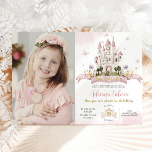 Whimsical Princess Fairytale Castle Rosa Birthday Inbjudningar