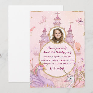 Whimsical Prinsessa Sagostyle Slott Rosa Födelseda Inbjudningar