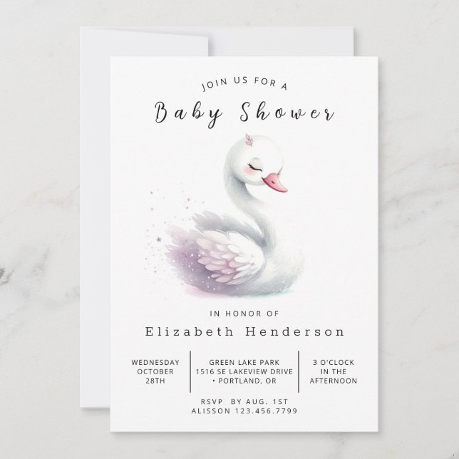 Whimsical Printable Svan Baby Shower Inbjudningar (Framsida)