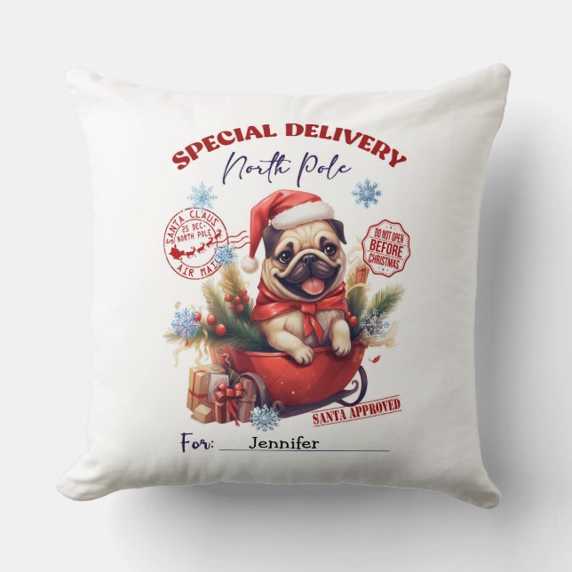 Whimsical Pug Christmas Throw Pillow Kudde (Framsida)