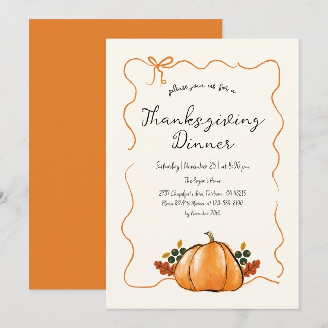 Whimsical Pumpa Handstil Thanksgiving Middag  Inbjudningar (Fram/baksida)