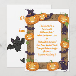 Whimsical Pumpkin and Black Cat Halloween Invite Julkort