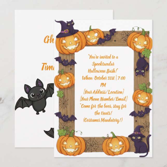 Whimsical Pumpkin and Black Cat Halloween Invite Julkort (Fram/baksida)