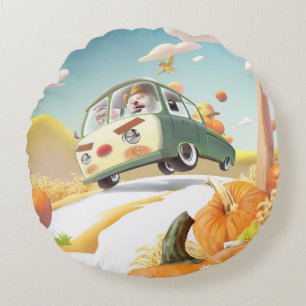 Whimsical Pumpkin Ride Rund Kudde