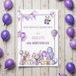 Whimsical Purple Animals Birthday  Invitation Inbjudningar