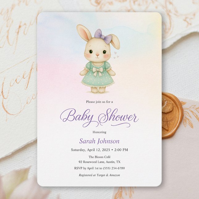 Whimsical Purple Bunny Girl Baby Shower Invite Inbjudningar (Whimsical Purple Bunny Girl Baby Shower Invite)