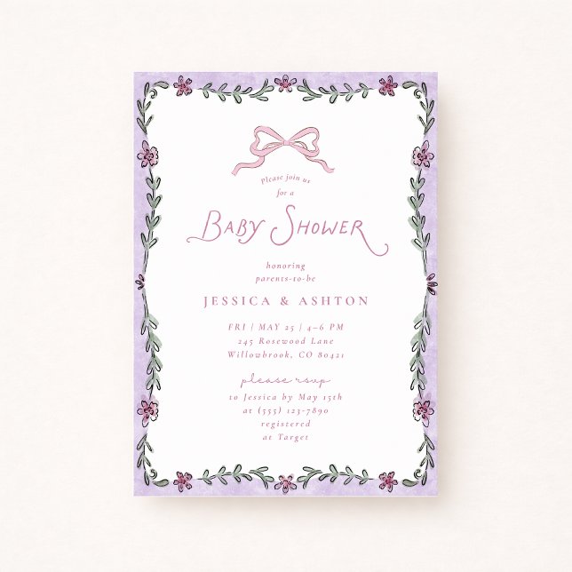Whimsical Purple Floral Frame Baby Shower  Inbjudningar (Skapare uppladdad)