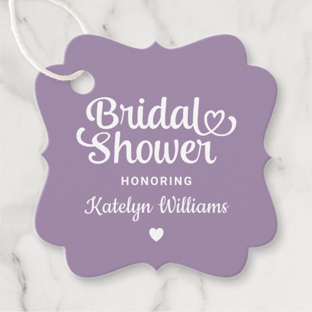 Whimsical Purple Heart Script Bröllopsdusch Gåvor Etiketter (Framsida)