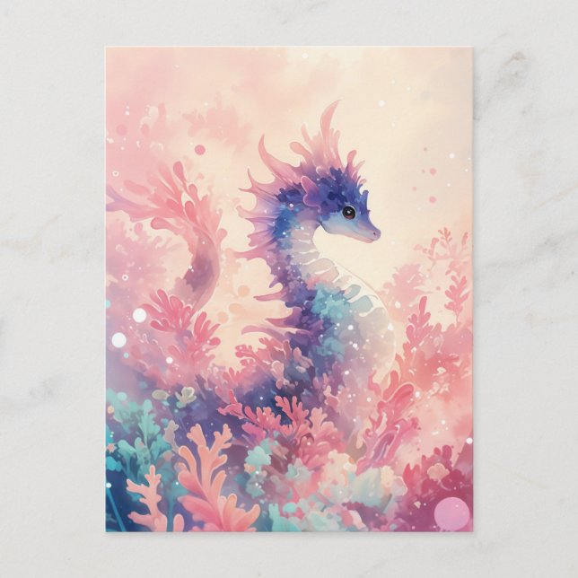Whimsical Purple Seahorse in Pink Coral Vykort (Framsida)