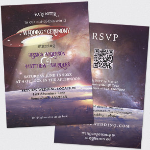 Whimsical QR Code Sci-fi UFO Space Bröllop Inbjudningar
