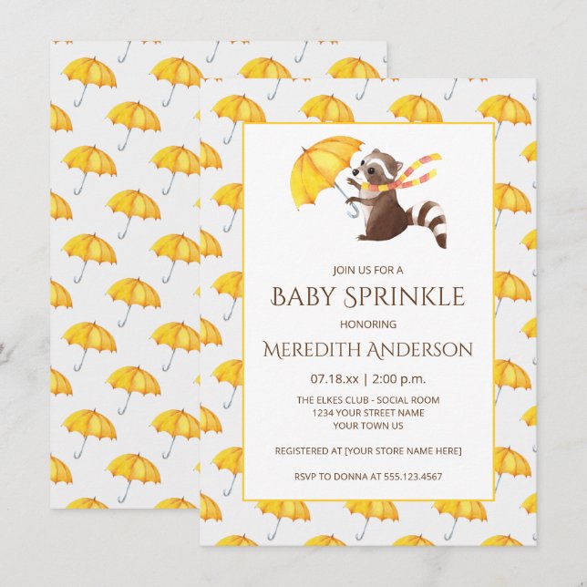 Whimsical Raccoon Gult Umbrellas Baby Sprinkle Inbjudningar (Fram/baksida)