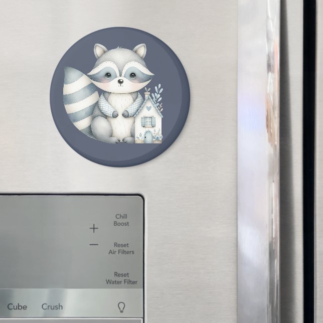 Whimsical Raccoon Night Woodland Cottage Scene Magnet (In Situ (Fridge))