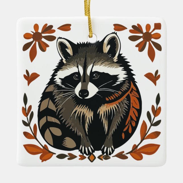 Whimsical Raccoon Woodland Animal Folk eller Triba Julgransprydnad Keramik (Framsida)