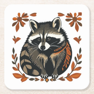 Whimsical Raccoon Woodland Animal Folk eller Triba Underlägg Papper Kvadrat