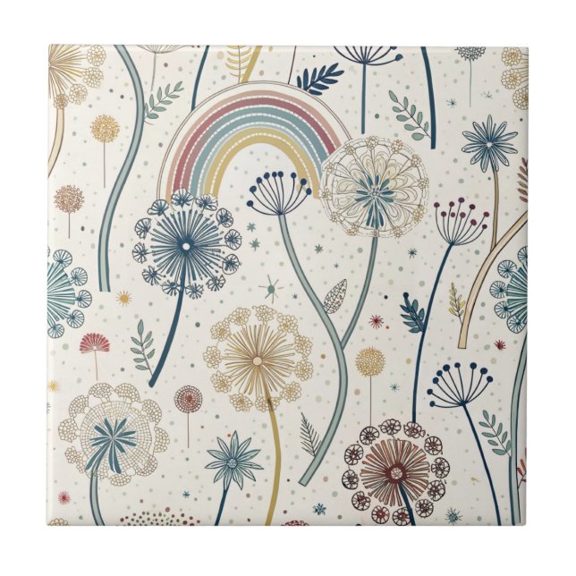 Whimsical Rainbow and Botanical Dandelions (2) Kakelplatta (Framsidan)