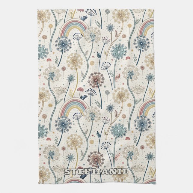 Whimsical Rainbow and Botanical Dandelions (2) Kökshandduk (Vertikal)
