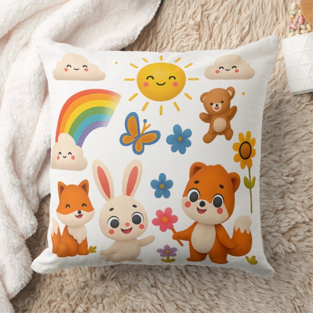 Whimsical Rainbow Animals Decorative Pillow Kudde (Filt)