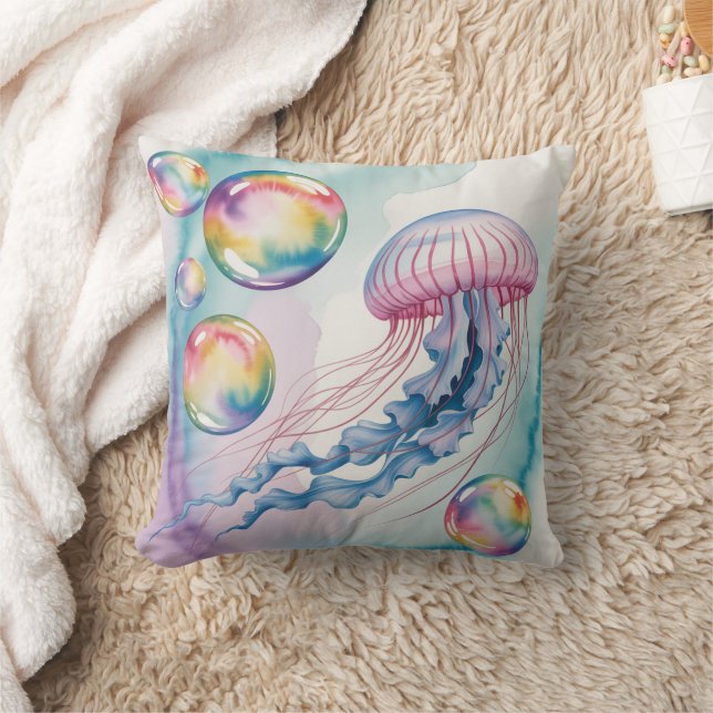 Whimsical Rainbow Jellyfish Watercolor Design Kudde (Filt)