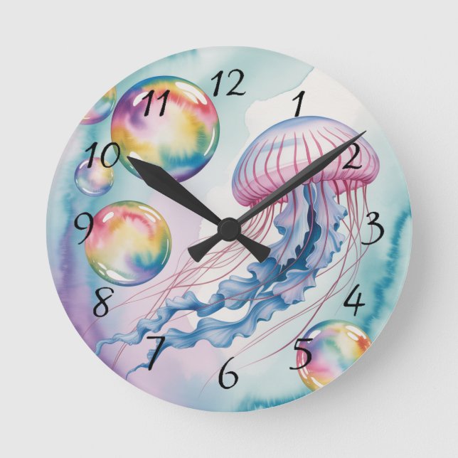 Whimsical Rainbow Jellyfish Watercolor Design Rund Klocka (Framsida)