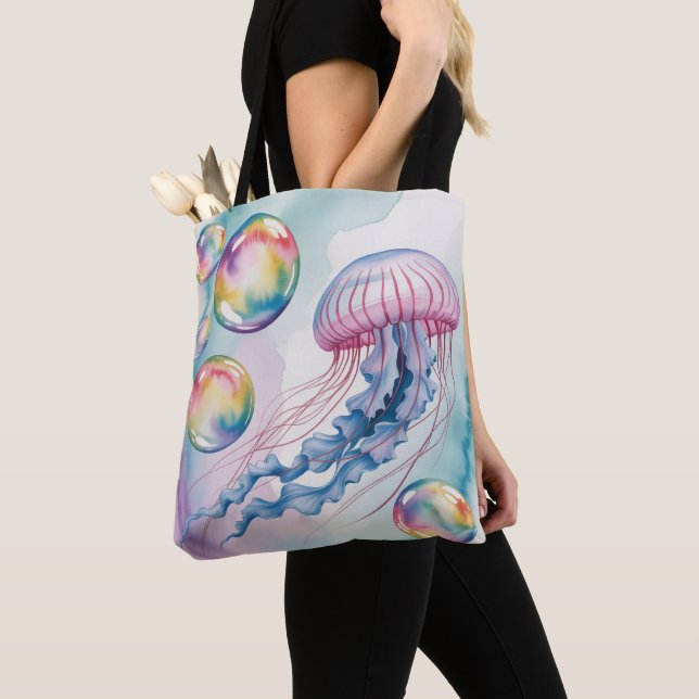 Whimsical Rainbow Jellyfish Watercolor Design Tygkasse (Närbild)
