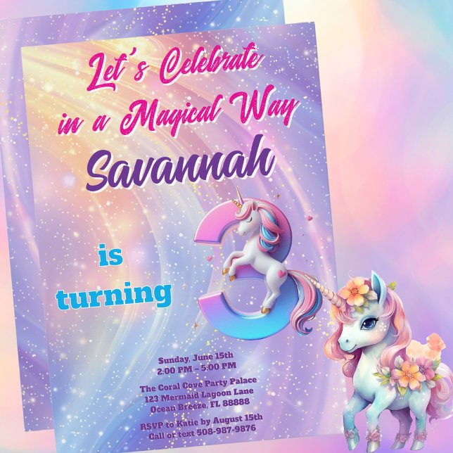 Whimsical Rainbow Unicorn 3:e födelsedagarinbjudan Inbjudningar (Magical Unicorn Birthday Party Invitation)