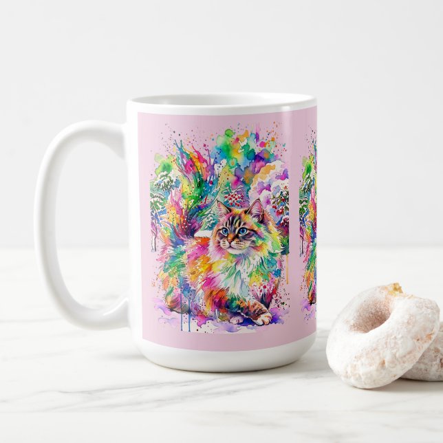 Whimsical Rainbow Watercolor Fluffy Cat in Winter  Kaffemugg (Med munk)