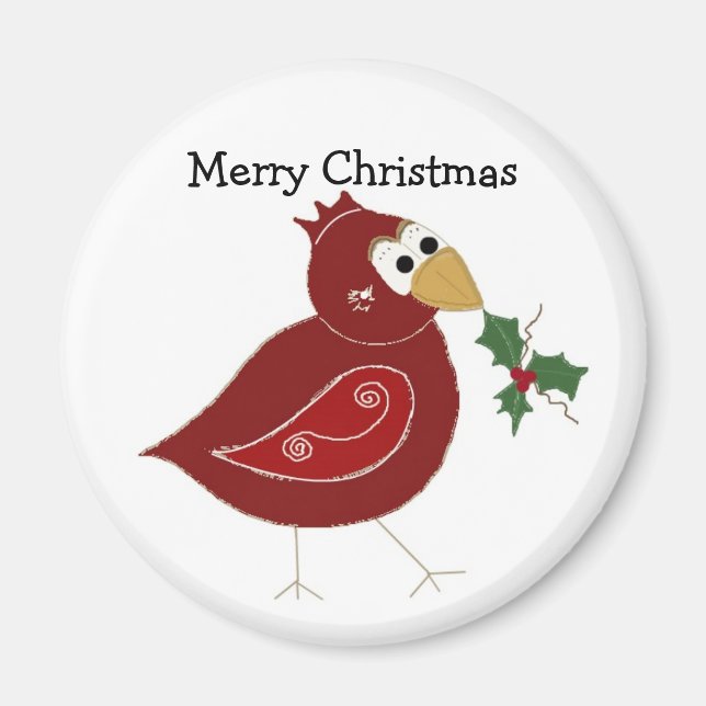 Whimsical Red Bird with Sprig of Holly Magnet (Framsidan)