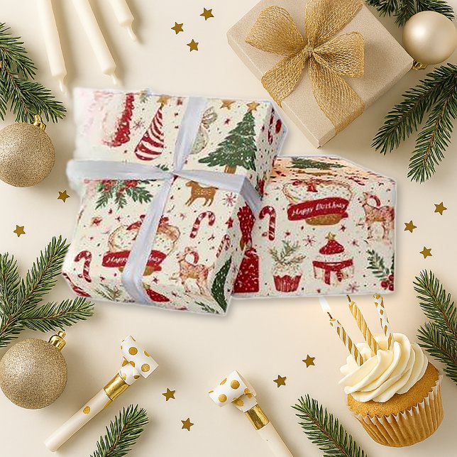 Whimsical Red Birthday Christmas Presentpapper (Skapare uppladdad)