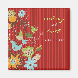 Whimsical Red Blommigt Summer Garden sparar datume Magnet
