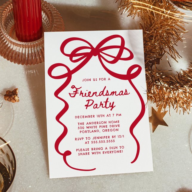 Whimsical Red Bow Friendsmas Christmas Party Inbjudningar (Skapare uppladdad)