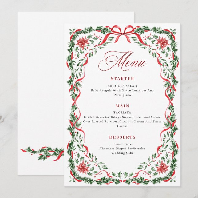 Whimsical Red Bow Printable Christmas Menu Card Inbjudningar (Fram/baksida)