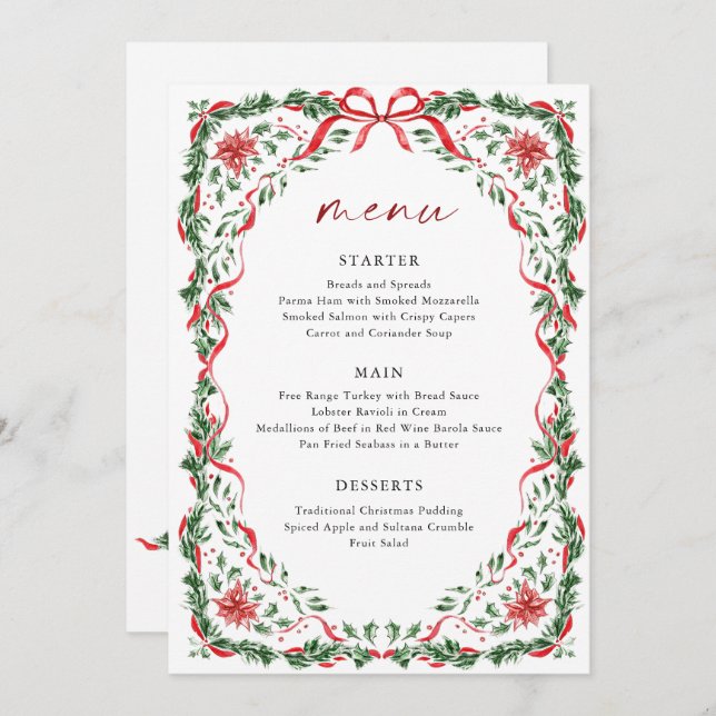 Whimsical Red Bow Printable Christmas Menu Card Inbjudningar (Fram/baksida)