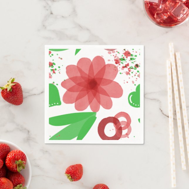 Whimsical Red Flowers Green Leaves On White Art Pappersservett (Insitu)