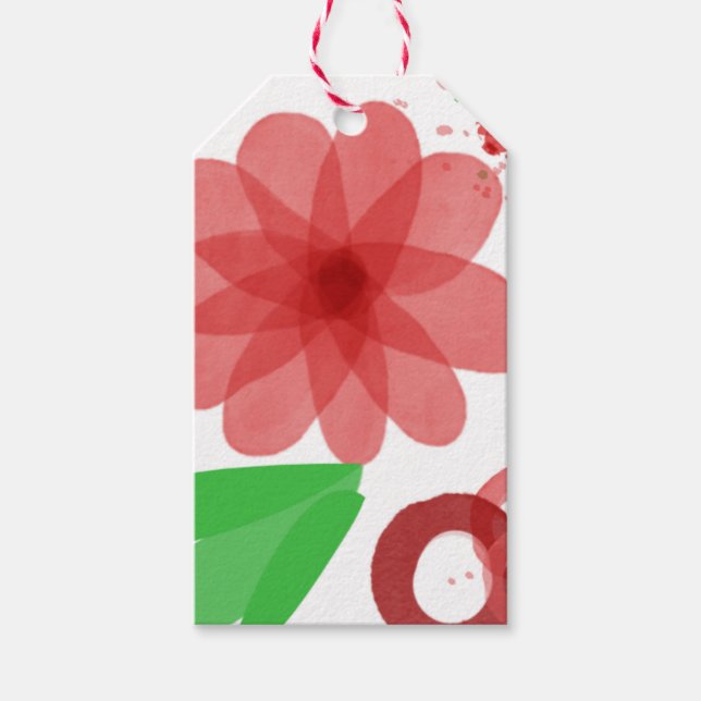 Whimsical Red Flowers Green Leaves On White Art Presentetikett (Framsidan)