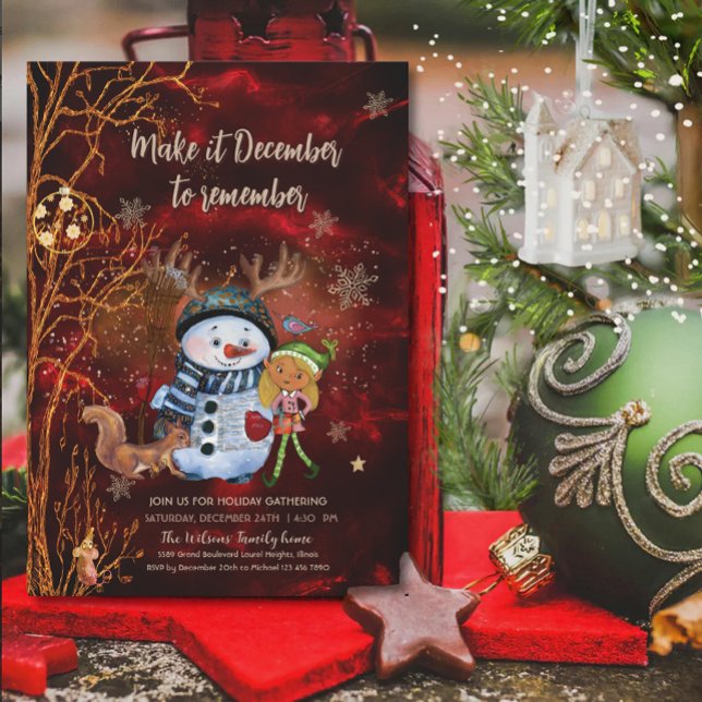 Whimsical Red Gold Snowman Elf Squirrel Christmas Inbjudningar (Whimsical Red Gold Snowman Elf Squirrel Christmas Invitation)