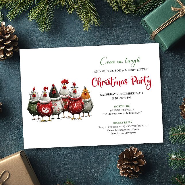 Whimsical Red Green Chickens Christmas Party  Inbjudningar (Whimsical Red Green Chickens Christmas Party Invite)