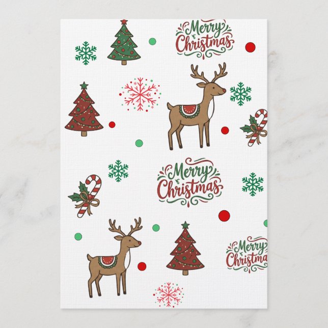 Whimsical Red & Green Christmas Tree & Deer Card Inbjudningar (Framsida)