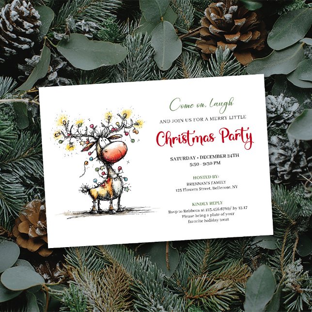 Whimsical Red Green Reindeer Christmas Invitation Inbjudningar (Whimsical Red Green Reindeer Christmas Invitation)