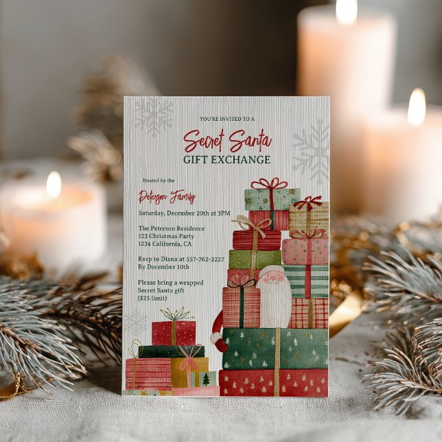 Whimsical Red Green Secret Santa Christmas Party Inbjudningar (Whimsical Red Green Secret Santa Christmas Party Invitation)