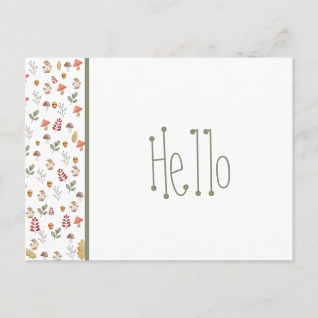 Whimsical Red Grönt Brown Mushroom and Acorn Vykort (Framsida)