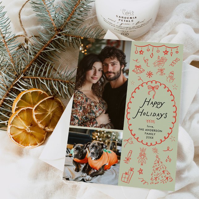 Whimsical Red Grönt Hand plockade Icons 2 Foto Julkort (Skapare uppladdad)