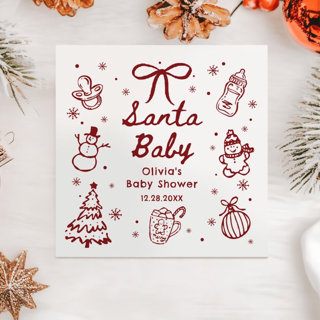 Whimsical Red Hand Drawn Christmas Baby Shower Pappersservett (Skapare uppladdad)